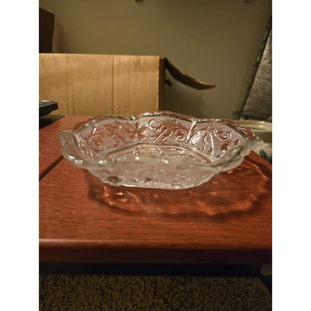 Vintage Clear Pressed Glass Floral Trinket Dish Scalloped Hexagon Candy Bowl